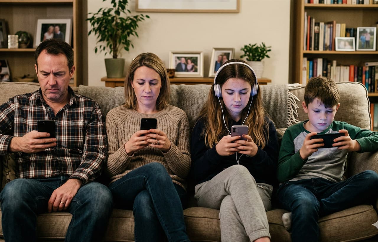 Family sitting on sofa all looking at their phones